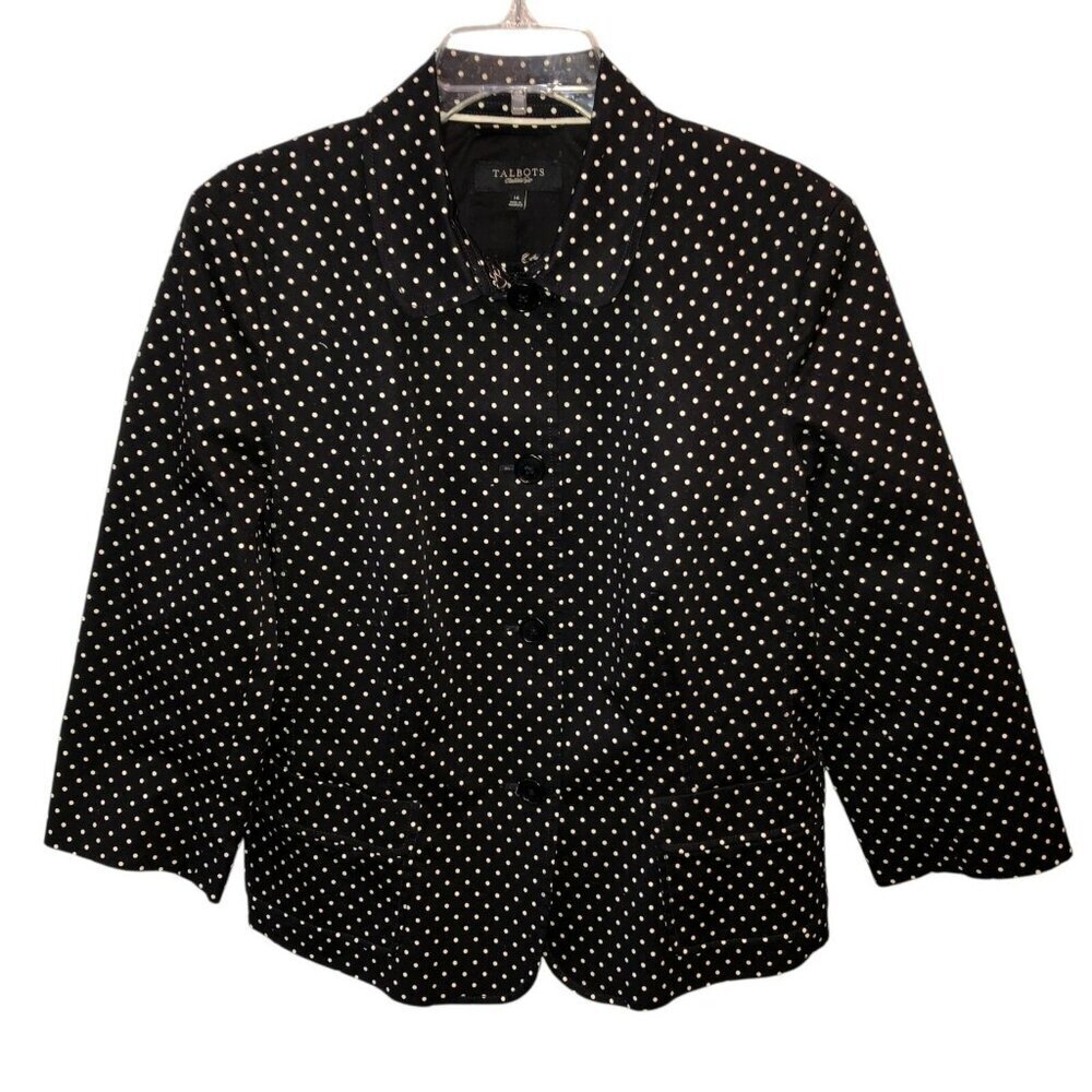 Talbots Womens Size 14 Black Polka Dots Button Up Pockets Blazer Jacket